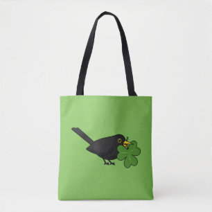 Cute Blackbird with Shamrock Clover Cartoon Tote Bag
