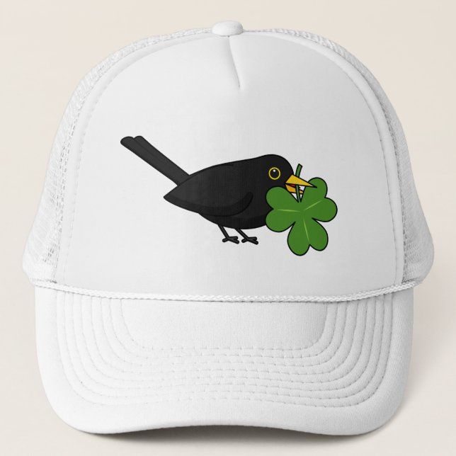 Cute Blackbird with Shamrock Clover Cartoon Trucker Hat (Front)