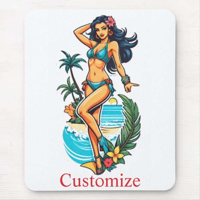 Cute Blackhaired Bikini Beach Girl Thunder_Cove Mouse Mat (Front)