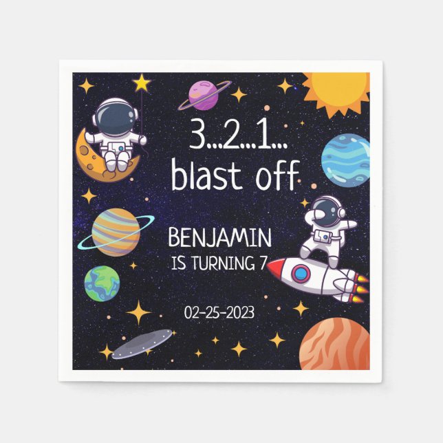 Cute Blast Off Theme Any Age Birthday Napkin (Front)