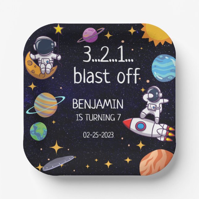 Cute Blast Off Theme Any Age Birthday Paper Plate (Front)