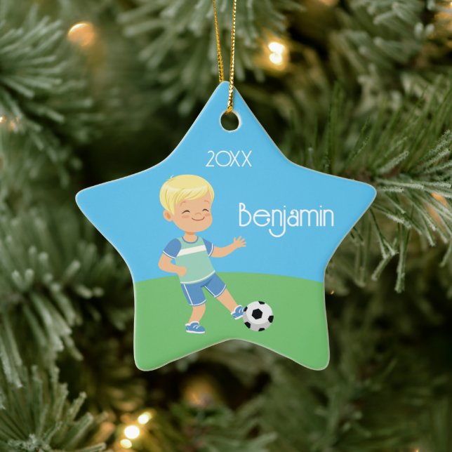 Cute Blond Boy Soccer Player Ceramic Tree Decoration (Tree)