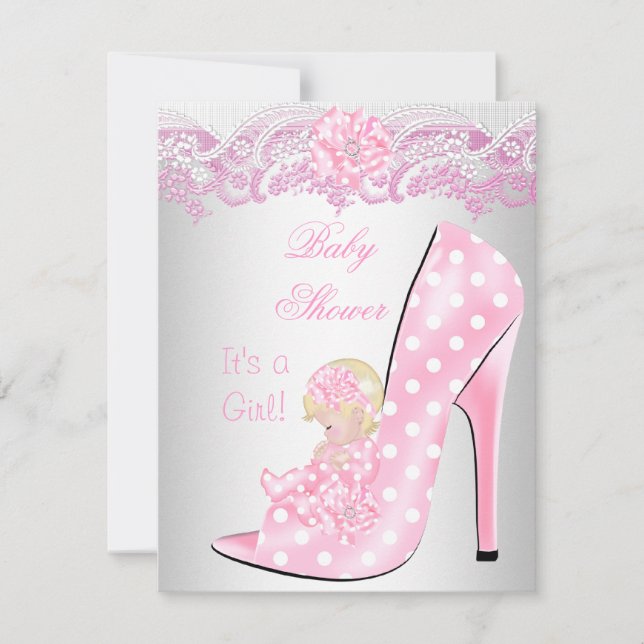 Cute Blonde Baby Shower Girl Pink Baby Shoe Invitation (Front)
