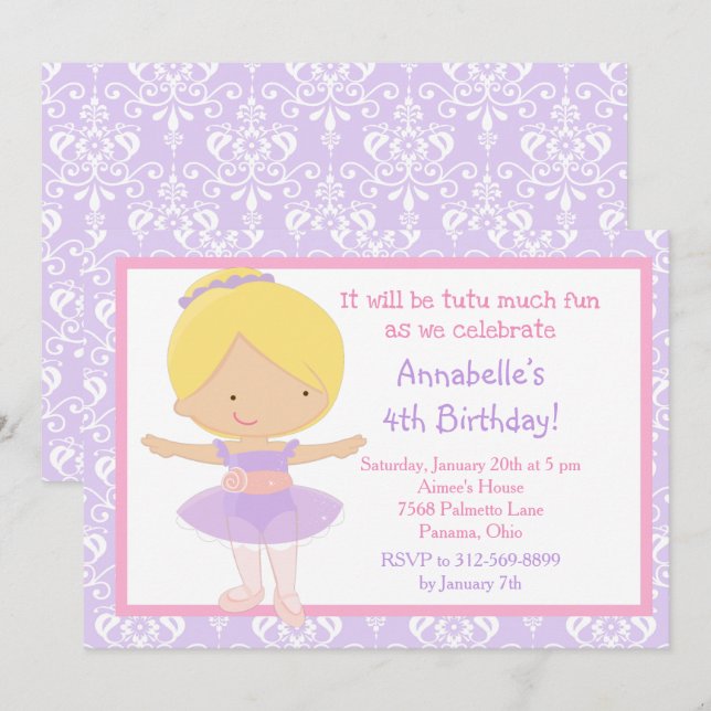 Cute Blonde Ballerina and Purple Damask Invitation (Front/Back)