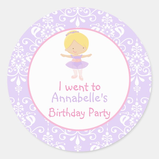 Cute Blonde Ballerina Birthday Party Classic Round Sticker (Front)
