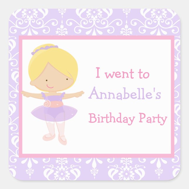 Cute Blonde Ballerina Birthday Party Square Sticker (Front)