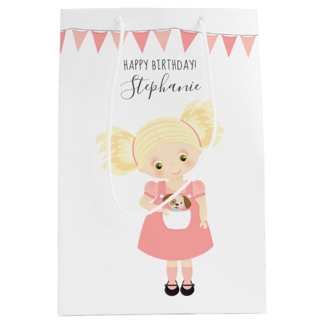 Cute Blonde Birthday Girl and Puppy Medium Gift Bag (Front)