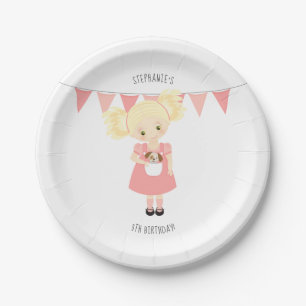 Cute Blonde Birthday Girl and Puppy Paper Plate