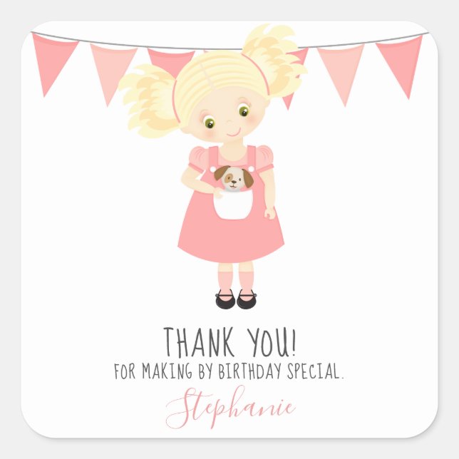 Cute Blonde Birthday Girl and Puppy Square Sticker (Front)