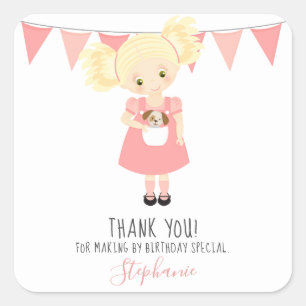 Cute Blonde Birthday Girl and Puppy Square Sticker