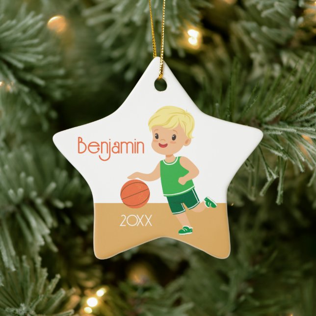 Cute Blonde Boy Basketball Personalised Christmas Ceramic Tree Decoration (Tree)