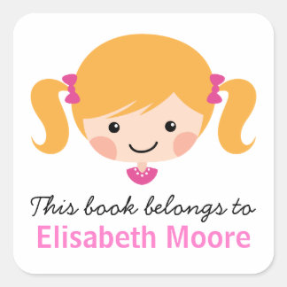 Cute blonde cartoon girl personalised bookplate square sticker