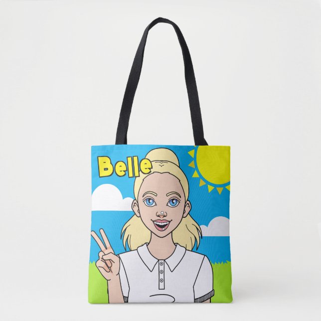 Cute Blonde Cartoon Girl School Name Library Tote Bag (Front)