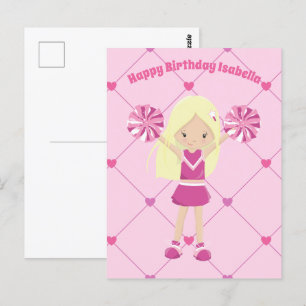 Cute Blonde Cheerleader Custom Pink Girls Birthday Postcard