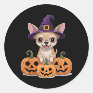 Cute Blonde Chihuahua Witch Hat Halloween Dog Classic Round Sticker