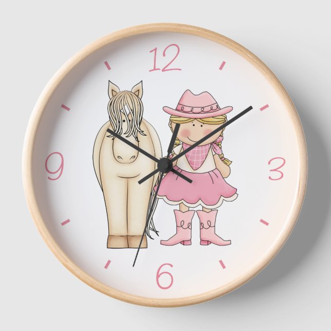 Cute Blonde Cowgirl and Cream Horse Clock (Front)