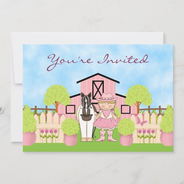 Cute Blonde Cowgirl and Paint Horse Birthday Invit Invitation (Front)