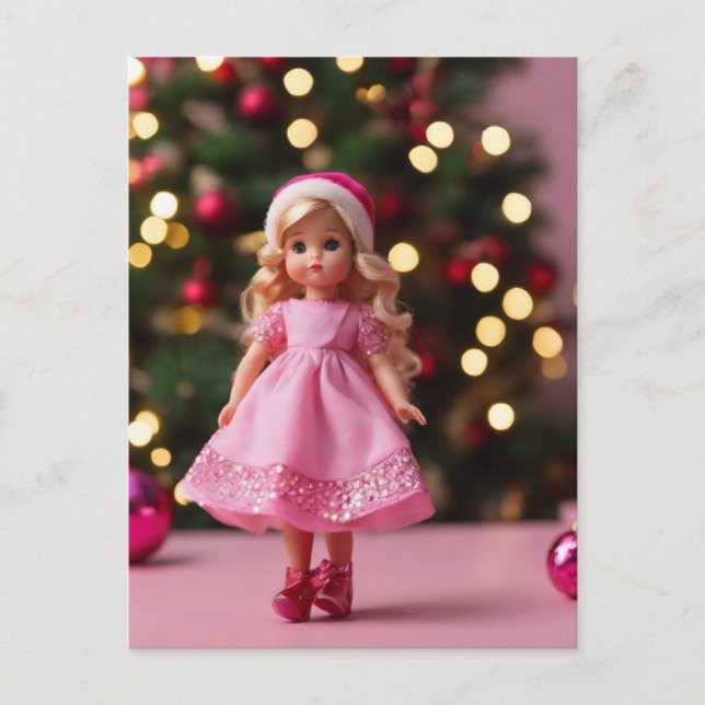 Cute Blonde Doll in Pink Christmas  Postcard (Front)