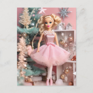 Cute Blonde Doll Pink Retro Christmas Postcard