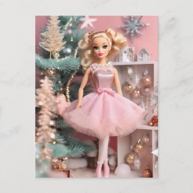 Cute Blonde Doll Pink Retro Christmas  Postcard (Front)