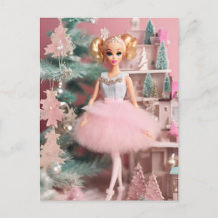 Cute Blonde Doll Pink Retro Christmas Postcard