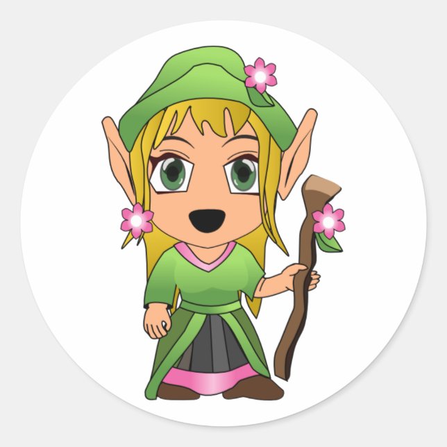 Cute Blonde Elf Girl in Green Classic Round Sticker (Front)