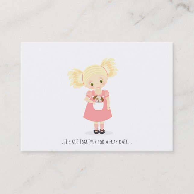 Cute Blonde Girl and Puppy Play Date Calling Card (Front)
