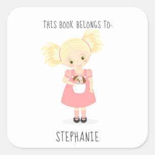 Cute Blonde Girl and Puppy This Book Belongs to Square Sticker