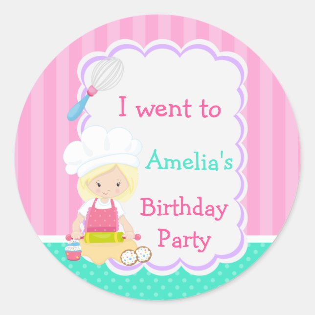 Cute Blonde Girl Baking Birthday Party Classic Round Sticker (Front)