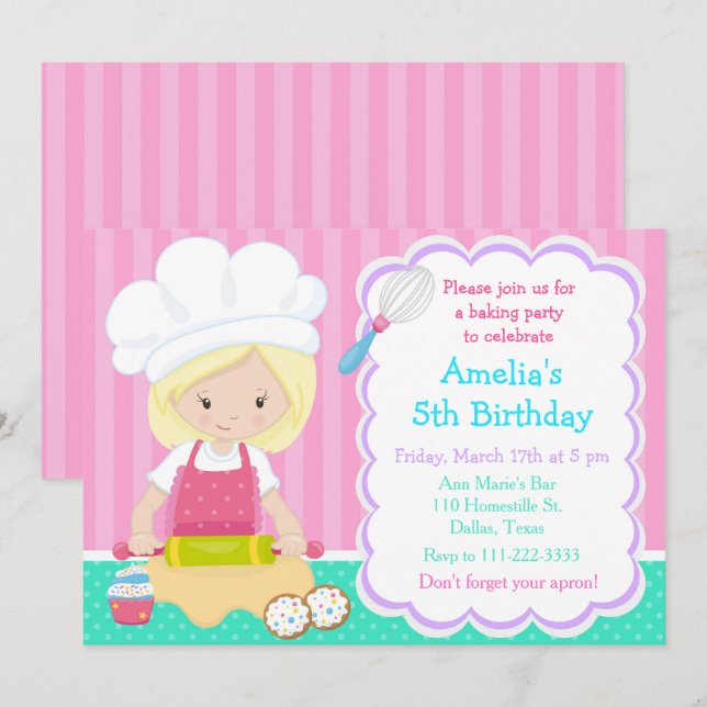 Cute Blonde Girl Baking Birthday Party Invite (Front/Back)