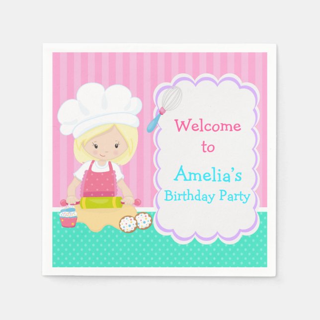 Cute Blonde Girl Baking Birthday Party Napkin (Front)