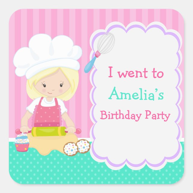 Cute Blonde Girl Baking Birthday Party Square Sticker (Front)