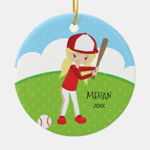Cute Blonde Girl Baseball Personalised Christmas Ceramic Tree Decoration