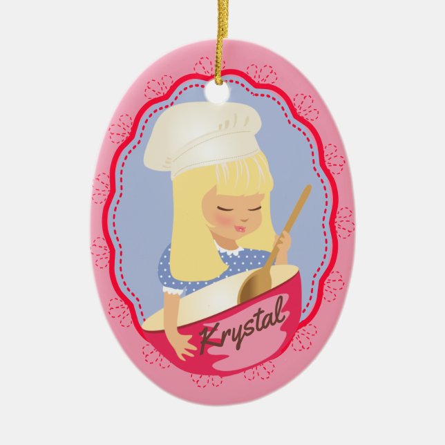 Cute blonde girl chef baker personalised Christmas Ceramic Tree Decoration (Front)
