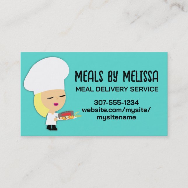 Cute blonde girl chef steak dinner biz cards (Front)