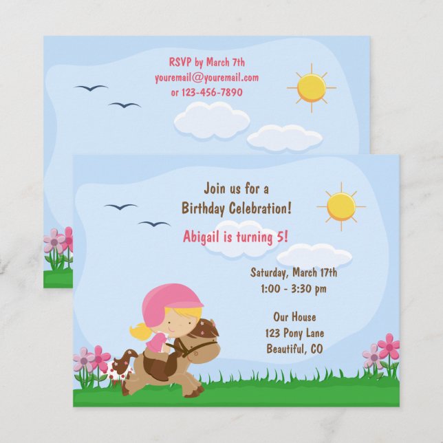Cute Blonde Girl Riding Brown Horse Birthday Invit Invitation (Front/Back)