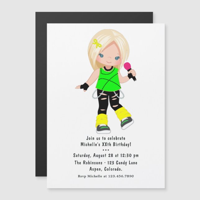 Cute Blonde Girl Rock Star Birthday Party Magnetic Invitation (Front/Back)