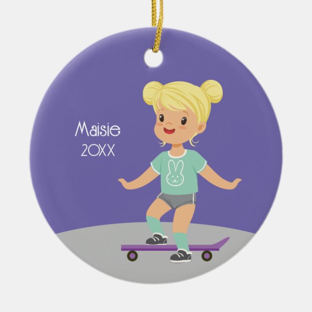 Cute Blonde Girl Skateboard Ceramic Tree Decoration (Front)