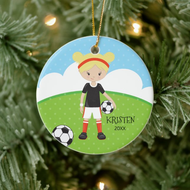 Cute Blonde Girl Soccer Personalised Christmas Ceramic Tree Decoration (Tree)