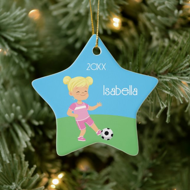 Cute Blonde Girl Soccer Player Ceramic Tree Decoration (Tree)