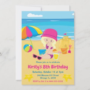 Cute Blonde Girl Summer Beach Birthday Invitation
