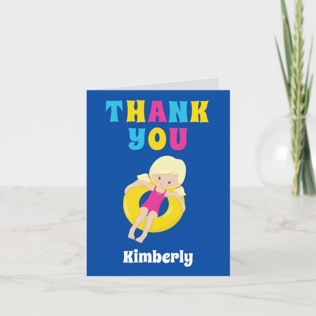 Cute Blonde Girl Swimming Pool Party Custom Kids Thank You Card (Front)