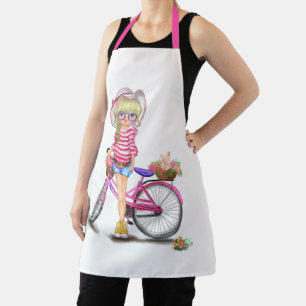 Cute Blonde Girl with Pink Bike and Cat in Flowers Apron
