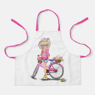 Cute Blonde Girl with Pink Bike and Cat in Flowers Apron
