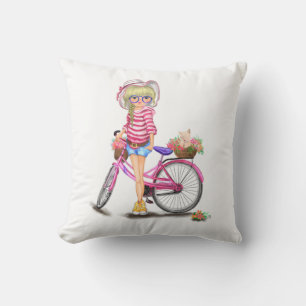 Cute Blonde Girl with Pink Bike and Cat in Flowers Cushion