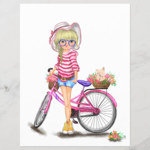 Cute Blonde Girl with Pink Bike and Cat in Flowers Flyer