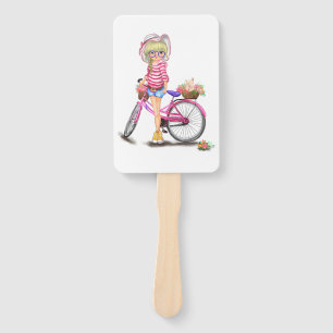 Cute Blonde Girl with Pink Bike and Cat in Flowers Hand Fan
