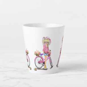 Cute Blonde Girl with Pink Bike and Cat in Flowers Latte Mug