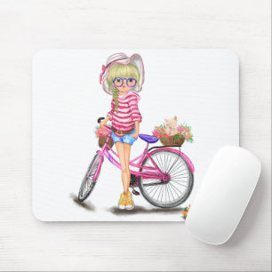 Cute Blonde Girl with Pink Bike and Cat in Flowers Mouse Mat