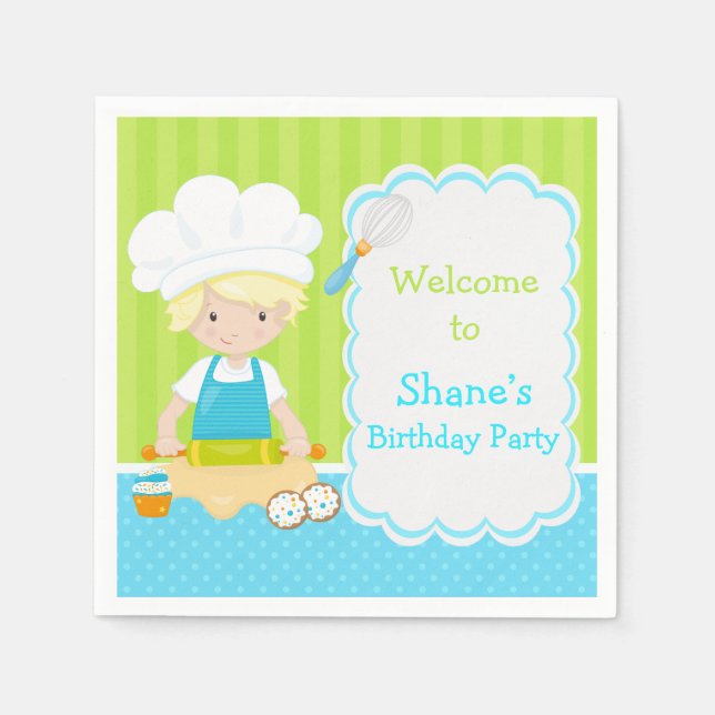 Cute Blonde Hair Boy Baking Birthday Party Napkin (Front)